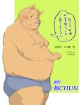  2020 anthro belly blush brown_body brown_fur bulge clothing fur hi_res japanese_text kemono male mammal moobs nipples overweight overweight_male shintatokoro solo suid suina sus_(pig) text underwear wild_boar 
