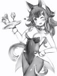  1girl :d animal_ears bad_id bad_twitter_id bare_shoulders blush bow bowtie breasts bright_pupils cleavage collared_shirt cowboy_shot fang greyscale hand_on_hip head_tilt heart highres holding hololive leotard looking_at_viewer medium_breasts minigirl monochrome nanashi_(nlo74593630) navel one_eye_closed ookami_mio oozora_subaru open_mouth pantyhose shirt simple_background smile solo_focus standing tail tray white_background white_pupils wing_collar wolf_ears wolf_tail wrist_cuffs 