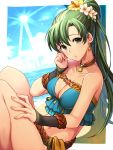  1girl bangs beach bikini blue_bikini blush breasts choker cleavage collarbone day earrings eyebrows_visible_through_hair fire_emblem fire_emblem_heroes flower green_eyes green_hair hair_flower hair_ornament hand_on_own_thigh highres jewelry kori_kms large_breasts long_hair looking_at_viewer lyn_(fire_emblem) navel ocean outdoors parted_bangs parted_lips ponytail seashell shell solo sun swimsuit water 