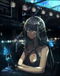 1girl bare_arms bare_shoulders black_dress black_gloves black_hair blurry blurry_background breasts brown_eyes bug butterfly ceiling_light cleavage cleavage_cutout collarbone commentary_request cup depth_of_field dress drink drinking_glass girls_frontline gloves glowing_butterfly green_hair hair_ornament halter_dress highres indoors insect long_hair looking_at_viewer m4a1_(girls_frontline) mai_(xskdizzy) medium_breasts multicolored_hair parted_lips reflection sleeveless sleeveless_dress solo streaked_hair table two-tone_hair upper_body very_long_hair 