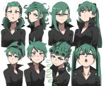  1girl alternate_hair_length alternate_hairstyle artistic_error black_dress blush collared_dress cosplay cosplay_request cropped_torso curly_hair dress giorno_giovanna green_eyes green_hair hair_between_eyes hair_ornament hairband hairclip hatsune_miku hatsune_miku_(cosplay) highres jojo_no_kimyou_na_bouken jourd4n long_hair looking_at_viewer mandy_(grim_adventures) mandy_(grim_adventures)_(cosplay) medium_hair menacing_(jojo) multiple_views neon_genesis_evangelion one-punch_man open_mouth short_hair simple_background souryuu_asuka_langley souryuu_asuka_langley_(cosplay) tatsumaki the_grim_adventures_of_billy_&_mandy twintails upper_body vento_aureo vocaloid white_background 