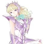  1girl armor armored_dress blonde_hair blue_eyes blue_neckwear closed_mouth delphinus_mii dress floating_hair gauntlets lisa_(lisa_lisa_life) long_hair looking_at_viewer saint_seiya_saintia_sho short_dress shoulder_armor simple_background sleeveless sleeveless_dress solo spaulders white_background white_dress 