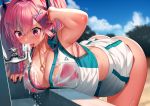  1girl akusema alternate_costume arm_up ass azur_lane bangs bent_over bikini bikini_under_clothes blue_sky blurry blurry_background breast_rest breasts bremerton_(azur_lane) bremerton_(scorching-hot_training)_(azur_lane) cleavage cloud collarbone collared_shirt day drinking drinking_fountain dripping eyebrows_visible_through_hair foreshortening hair_between_eyes hair_tucking headgear jewelry mole mole_under_eye multicolored_hair necklace outdoors pink_hair pink_nails raised_eyebrows see-through shirt skirt sky sleeveless sleeveless_shirt solo sportswear streaked_hair swimsuit tennis_uniform thighs tongue tongue_out tree wet white_shirt white_skirt 