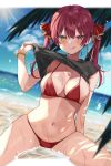  1girl :q bare_shoulders beach bead_bracelet beads bikini black_shirt blurry bracelet breasts cleavage closed_mouth day depth_of_field hair_ribbon hand_up heterochromia highres hololive houshou_marine jewelry large_breasts long_hair looking_at_viewer navel necklace ocean outdoors red_bikini red_eyes red_hair ribbon satoupote shirt shirt_lift sky sleeveless sleeveless_shirt smile solo stomach string_bikini sun sunlight swimsuit thighs tongue tongue_out twintails virtual_youtuber water wet yellow_eyes 