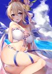  1girl 40_(0f0urw) absurdres bangs bare_shoulders bikini blonde_hair blue_eyes blue_ribbon blue_sky blush breasts cleavage collarbone europa_(granblue_fantasy) flower granblue_fantasy hair_flower hair_ornament highres large_breasts looking_at_viewer navel ocean ribbon short_hair sky smile swimsuit thighs tiara white_bikini 