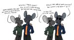  2020 anthro black_eyes bottomwear clothed clothing connivingrat crat_(connivingrat) dad_(connivingrat) dialogue duo english_text front_view fully_clothed grey_body hand_on_shoulder male mammal murid murine no_way_fag open_shirt pants rat rodent shirt simple_background standing text topwear white_background 