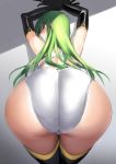  1girl absurdres ass back bangs bent_over black_gloves black_legwear blush c.c. closed_mouth code_geass competition_swimsuit elbow_gloves gloves green_hair highres long_hair looking_at_viewer looking_back one-piece_swimsuit swimsuit thighhighs thighs ulrich_(tagaragakuin) yellow_eyes 