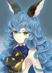  1girl absurdres animal_ears bare_shoulders blue_hair breasts closed_mouth commentary_request eyebrows_visible_through_hair eyelashes ferry_(granblue_fantasy) granblue_fantasy hair_between_eyes hajika highres long_hair looking_at_viewer sideboob solo upper_body wavy_hair yellow_eyes 