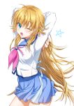  1girl ;d absurdres angel_beats! antenna_hair arms_behind_head arms_up bangs blonde_hair blue_eyes blue_sailor_collar blue_skirt collared_shirt cowboy_shot eyebrows_visible_through_hair floating_hair hair_between_eyes highres long_hair long_sleeves looking_at_viewer miniskirt one_eye_closed open_mouth pink_neckwear pleated_skirt ribbon sailor_collar sailor_shirt school_uniform sekine shinda_sekai_sensen_uniform shirt simple_background skirt smile solo standing star_(symbol) very_long_hair white_background white_ribbon white_shirt zuzuhashi 