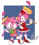  &lt;3 2019 accessory amy_rose anthro boots classic_amy_rose classic_sonic_(universe) clothing duo eulipotyphlan female footwear gloves green_eyes hair_accessory hairband hammer handwear hedgehog hi_res mammal miyartz open_mouth open_smile pose signature smile sonic_the_hedgehog_(series) square_crossover tools video_games 