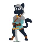  2020 anthro armor black_body black_eyes black_fur breastplate claws clothed clothing connivingrat domestic_cat felid feline felis front_view fully_clothed fur headgear helmet hi_res looking_at_viewer male mammal melee_weapon simple_background smile solo standing sword weapon white_background 