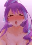  1girl blue_hair blush breasts cleavage collarbone half-closed_eyes highlights highres long_hair looking_at_viewer macross macross_delta medium_breasts mikumo_guynemer multicolored_hair open_mouth purple_hair red_eyes saliva saliva_trail sasanoneko shiny shiny_hair solo tied_hair two-tone_hair upper_body very_long_hair 