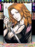  1girl bleach breasts cleavage collarbone grey_eyes haori highres holding holding_sword holding_weapon japanese_clothes jewelry large_breasts looking_at_viewer marker_(medium) matsumoto_rangiku mole mole_under_mouth necklace orange_hair parted_lips sash stanley_lau sword taichou_haori traditional_media upper_body weapon 