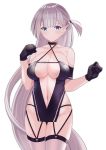  1girl absurdres aqua_eyes arm_strap azur_lane bangs bare_shoulders black_choker black_gloves blunt_bangs blush breasts center_opening choker cleavage closed_mouth collarbone commentary_request cowboy_shot criss-cross_halter garter_straps gloves groin halterneck highres large_breasts long_hair looking_at_viewer navel one_side_up revealing_clothes shoukaku_(sororal_wings)_(azur_lane) silver_hair simple_background solo straight_hair thigh_gap thighhighs tnr_(horiko1525) very_long_hair white_background white_legwear 
