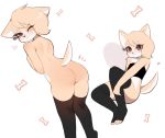  anthro black_clothing black_thigh_highs black_topwear blonde_hair blush bottomless brown_eyes butt canid canine clothed clothing digital_media_(artwork) ear_piercing ear_ring female fredek666 fur hair legwear looking_at_viewer looking_back mammal multiple_poses nude one_eye_closed pattern_background piercing pose rear_view simple_background solo thigh_highs top topwear wink yellow_body yellow_fur 