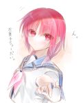  1girl angel_beats! bangs blue_sailor_collar closed_mouth collared_shirt eyebrows_visible_through_hair hair_between_eyes highres iwasawa long_sleeves looking_at_viewer pink_neckwear red_eyes red_hair sailor_collar sailor_shirt shinda_sekai_sensen_uniform shiny shiny_hair shirt short_hair simple_background sketch solo upper_body white_background white_shirt zuzuhashi 