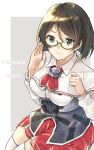  1girl bangs black_hair breasts capelet character_name closed_mouth cosplay eyebrows_visible_through_hair green-framed_eyewear hair_between_eyes highres kantai_collection kirishima_(kantai_collection) large_breasts long_sleeves red_skirt roma_(kantai_collection) roma_(kantai_collection)_(cosplay) short_hair simple_background skirt solo sweat thighhighs two-tone_background u_yuz_xx white_legwear 