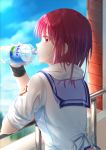  1girl absurdres angel_beats! bangs blue_sailor_collar blue_sky blurry blurry_background bottle day eyebrows_visible_through_hair from_behind highres holding holding_bottle huge_filesize iwasawa looking_at_viewer outdoors profile red_eyes red_hair ribbon sailor_collar school_uniform shinda_sekai_sensen_uniform shiny shiny_hair shirt short_hair sky sleeves_rolled_up solo towel towel_around_neck upper_body volvic water_bottle white_ribbon white_shirt wristband zuzuhashi 