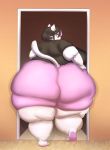  absurd_res anthro big_breasts big_butt black_hair bottomwear breasts butt butt_focus catti_(deltarune) clothed clothing deltarune domestic_cat ear_piercing ear_ring felid feline felis female footwear fur hair hi_res highlights_(coloring) huge_breasts huge_butt huge_hips huge_thighs huwon in_doorway looking_at_butt looking_at_self looking_back love_handles mammal morbidly_obese morbidly_obese_female obese obese_female overweight overweight_female piercing pink_highlights rear_view sandals shirt short_hair shorts solo squish straight_hair stuck thick_thighs thigh_squish tight_bottomwear tight_clothing tight_shirt tight_shorts tight_topwear topwear video_games walking whiskers white_body white_fur wide_hips yellow_eyes 