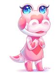  alligator alligatorid animal_crossing anthro blue_eyes clothing crocodilian fangs female gayle_(animal_crossing) hi_res nevirra nintendo pink_body pink_scales reptile scales scalie shirt simple_background solo topwear video_games white_background 