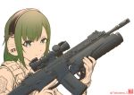  1girl green_eyes green_hair grenade_launcher gun headset highres little_armory long_hair rifle simple_background solo suzuki_tadatomo trigger_discipline twitter_username weapon white_background 