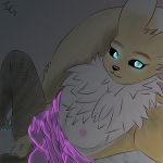  1:1 anthro black_sclera blue_eyes breasts clothing digimon digimon_(species) female fur genitals glowing glowing_eyes hi_res immoveableguide looking_at_viewer nipples nude pussy renamon simple_background smile solo tuft white_body white_fur yellow_body yellow_fur 