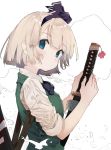  1girl absurdres bangs black_bow black_hairband black_neckwear black_ribbon blue_eyes blunt_bangs blush bob_cut bow bowtie closed_mouth commentary_request eyebrows_visible_through_hair from_side green_vest hair_ribbon hairband highres katana konpaku_youmu konpaku_youmu_(ghost) looking_at_viewer looking_to_the_side mieharu ribbon sheath sheathed shirt short_hair short_sleeves simple_background solo sword touhou upper_body vest weapon white_background white_shirt 