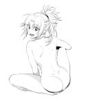  1girl ass back bangs braid breasts fate/apocrypha fate_(series) french_braid greyscale hair_ornament hair_scrunchie long_hair looking_at_viewer looking_back monochrome moopiekun mordred_(fate) mordred_(fate)_(all) open_mouth parted_bangs ponytail scrunchie sidelocks simple_background sitting small_breasts teeth thighs topless 