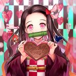  1girl black_hair blush checkered floating_hair gradient_hair hair_ornament hair_ribbon haori happy_valentine heart heart_hair_ornament holding japanese_clothes kamado_nezuko kimetsu_no_yaiba kimono long_hair looking_at_viewer multicolored_hair pink_eyes pink_kimono pink_ribbon ribbon solo upper_body y-chan 