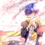  1boy 2019 black_jacket black_ribbon blue_eyes blue_hair blurry_foreground borrowed_garments butterfly_on_hand closed_mouth dress_shirt hair_over_one_eye highres jacket long_sleeves male_focus neck_ribbon persona persona_3 ribbon scarf school_uniform shirt smile solo spring_(season) standing summer_rin upper_body white_shirt yellow_scarf yuuki_makoto 