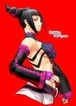  1girl bangs black_hair black_nails blunt_bangs bracelet breasts chinese_clothes detached_sleeves drill_hair dudou eyeshadow fingerless_gloves gloves halter_top halterneck han_juri highres jewelry large_breasts looking_at_viewer makeup nail_polish navel no_bra padded_gloves purple_gloves red_background red_eyes sideboob solo spiked_bracelet spikes stomach street_fighter street_fighter_iv_(series) tombsakura toned twin_drills twitter_username upper_body 