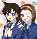  2girls :d ;d absurdres bangs black_hair blue_eyes blue_jacket blush brown_hair collared_shirt eyebrows_visible_through_hair green_neckwear hair_between_eyes hands_on_another&#039;s_shoulders highres jacket meitantei_conan mouri_ran multiple_girls necktie one_eye_closed open_mouth school_uniform shiny shiny_hair shirt short_hair smile spiked_hair suzuki_sonoko upper_body white_shirt wing_collar zuzuhashi 