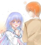  1boy 1girl ? angel_beats! bangs blue_eyes blue_hair blue_sailor_collar blush brown_jacket collared_shirt eyebrows_visible_through_hair hair_between_eyes highres irie_(angel_beats!) jacket long_hair open_mouth orange_hair otonashi_(angel_beats!) pink_neckwear pushing sailor_collar sailor_shirt school_uniform serafuku shinda_sekai_sensen_uniform shiny shiny_hair shirt simple_background speech_bubble very_long_hair white_background white_shirt zuzuhashi 