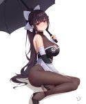  1girl azur_lane bare_shoulders black_footwear black_hair black_legwear black_umbrella blush bodystocking bow breasts brown_eyes cleavage_cutout elbow_gloves eyebrows_visible_through_hair gloves hair_bow hair_flaps highres holding holding_umbrella impossible_clothes large_breasts leotard logo long_hair looking_at_viewer pantyhose ponytail race_queen shadow shoes sitting solo takao_(azur_lane) takao_(full_throttle_charmer)_(azur_lane) two-tone_leotard umbrella unitard very_long_hair wei_xiao white_background white_bow 
