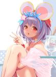  1girl :o animal_ears bare_shoulders bikini blue_bikini blue_hairband blush choker collarbone commentary_request eyebrows_visible_through_hair fake_animal_ears flower flower_bracelet food from_side granblue_fantasy hair_flower hair_ornament hairband knees_up looking_at_viewer looking_to_the_side mouse_ears off_shoulder open_mouth pink_flower purple_hair red_eyes see-through short_hair short_sleeves sitting solo star_(symbol) swimsuit v vikala_(granblue_fantasy) waffle white_choker yuu_(kfc) 