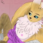  1:1 anthro black_sclera blue_eyes breasts clothing digimon digimon_(species) female fur genitals hi_res immoveableguide looking_at_viewer nipples nude pussy renamon simple_background smile solo tuft white_body white_fur yellow_body yellow_fur 