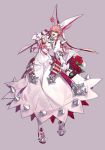  1girl animal_ears bangs belt blue_eyes boots box breasts bridal_veil cleavage dress earrings elphelt_valentine fake_animal_ears flower full_body gloves guilty_gear guilty_gear_xrd hair_between_eyes highres hoe-l jewelry looking_at_viewer open_mouth pink_hair rose short_hair simple_background smile solo spikes veil wedding_dress white_dress 