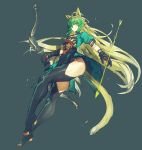  1girl ahoge animal_ears arrow_(projectile) atalanta_(fate) bangs black_footwear black_gloves blonde_hair boots bow_(weapon) breasts cat_ears dress fate/apocrypha fate_(series) gloves green_dress green_eyes green_hair legs long_hair looking_at_viewer medium_breasts melon22 multicolored_hair puffy_short_sleeves puffy_sleeves short_sleeves simple_background thigh_boots thighhighs two-tone_hair weapon 