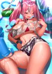  1girl akusema azur_lane bangs bare_shoulders belt bikini_tan black_choker black_shorts blurry blurry_background blush breasts bremerton_(azur_lane) brush bucket choker collarbone commentary_request cowboy_shot crop_top crop_top_overhang crossed_bangs cutoffs diffraction_spikes ear_piercing empty_pool eyebrows_visible_through_hair grey_belt grey_hair groin hair_between_eyes hair_intakes hair_ornament highres hose large_breasts lens_flare lifebuoy light_rays long_hair looking_to_the_side midriff mole mole_on_breast mole_under_eye multicolored_hair nail_polish navel navel_piercing nipples off-shoulder_shirt off_shoulder one_eye_closed open_mouth piercing pink_eyes pink_hair pink_nails see-through shadow shirt shirt_tug short_shorts shorts sidelocks solo streaked_hair sunbeam sunlight tan tanline twintails two-tone_hair two-tone_shirt water wet wet_clothes wet_shirt wristband 