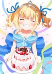  1girl ^_^ absurdres birthday_cake blonde_hair blue_dress blue_ribbon blueberry blush cake closed_eyes collarbone commentary_request confetti dress facing_viewer food fruit gochuumon_wa_usagi_desu_ka? gradient gradient_background grin hair_ribbon happy_birthday highres holding holding_plate kirima_sharo kousaka_nobaku pink_background plate pleated_dress ribbon sidelocks smile solo strapless strapless_dress strawberry streamers tiara twintails white_background 