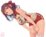  1girl bangs bent_over blush breasts brown_eyes brown_hair girls_und_panzer hands_on_own_thighs headband knee_pads kondou_taeko large_breasts looking_at_viewer pairan red_headband red_shorts shirt short_hair short_shorts shorts sleeveless sleeveless_shirt smile solo sportswear volleyball_uniform 