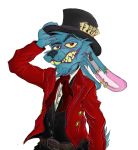  2020 alpha_channel andromorph anthro blue_body blue_fur buckteeth clothed clothing damaged ear_piercing facial_hair fangs front_view fur grin hare hat headgear headwear hi_res hodgepodge_(krolik) intersex krolik lagomorph leporid long_ears looking_at_viewer male mammal multicolored_body multicolored_fur piercing pink_body pose rabbit red_eyes scar sharp_teeth simple_background smile smirk solo solo_focus standing surgical_suture teeth topwear transparent_background undead yellow_sclera zombie 