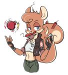  anthro beezii blue_eyes bomb buckteeth burning cherry_bomb_(beezii) clothed clothing dog_tags dynamite explosives female gloves half-closed_eyes handwear lighter mammal match midriff narrowed_eyes navel rodent sciurid smile smirk solo teeth 