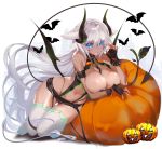  1girl animal_ears bangs bat black_gloves black_panties blue_eyes blush breasts cleavage dark_skin demon_girl demon_horns demon_tail demon_wings fingerless_gloves fingernails gloves highleg highleg_panties highres horns jack-o&#039;-lantern kumatora_tatsumi large_breasts long_hair looking_at_viewer low_wings nail_polish navel open_mouth original panties pumpkin revealing_clothes sharp_fingernails silver_hair solo tail thighhighs underwear very_long_hair white_legwear wings 