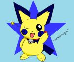 absurd_res ambiguous_gender baby_pok&eacute;mon barefoot bell bell_collar big_ears big_eyes collar feral fur hi_res male mammal memomiguel mostly_nude nintendo one_eye_closed peace_symbol pichu pok&eacute;mon pok&eacute;mon_(species) rodent scarf simple_background smile solo star video_games wink yellow_body yellow_fur 