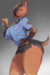 anthro big_breasts big_butt bottomwear breasts butt canid canine canis clothing domestic_dog female hand_on_hip handcuffs hi_res huge_thighs ksyaro mammal miniskirt necktie police shackles skirt solo thick_thighs 