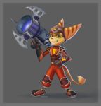  alien anthro armor clothing gloves handwear headgear helmet hi_res insomniac lombax male mammal playstation ratchet ratchet_and_clank simple_background smile solo sony_corporation sony_interactive_entertainment stripes tobbywolf uniform video_games weapon 