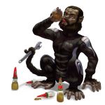  2017 animal_humanoid beard bottle brown_eyes brown_hair castrol clothed clothing drinking eyebrows facial_hair fully_clothed hair humanoid kneeling looking_up male mammal mammal_humanoid mechanic mechanical_suit monkey_humanoid motor_oil mustache pimpartist primate primate_humanoid simple_background solo suit tools traditional_media_(artwork) what what_has_science_done where_is_your_god_now white_background why wrench 