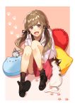  1girl :d absurdres brown_footwear brown_hair brown_legwear cat cat_pillow full_body gradient gradient_background highres looking_at_viewer low_twintails mochidukii open_mouth original paw_print pink_background red_eyes red_skirt sitting skirt smile socks solo twintails 