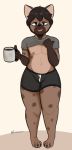  2019 4_toes 5_fingers absurd_res anthro bad_dragon beverage biped boxers_(clothing) brown_body brown_fur bulge clothed clothing coffee eyewear fingers frankuwu front_view fur girly glasses hair hi_res hyaenid male mammal nipples paws simple_background smile solo spotted_hyena standing toes underwear 